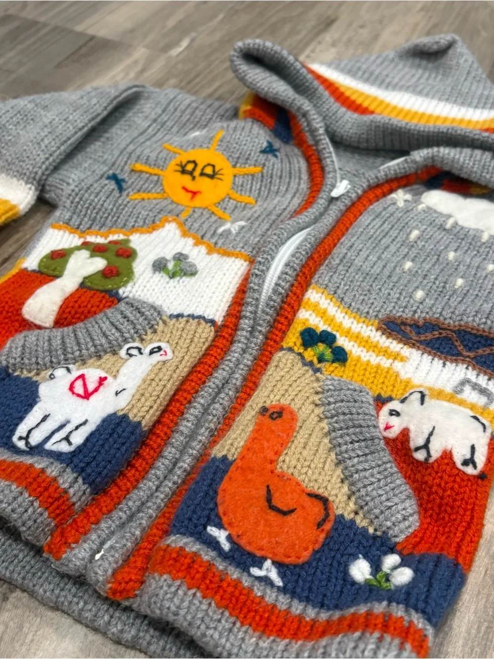 Handmade Peruvian Full Zip Hooded Sweatshirt Farm Animals SZ 2T